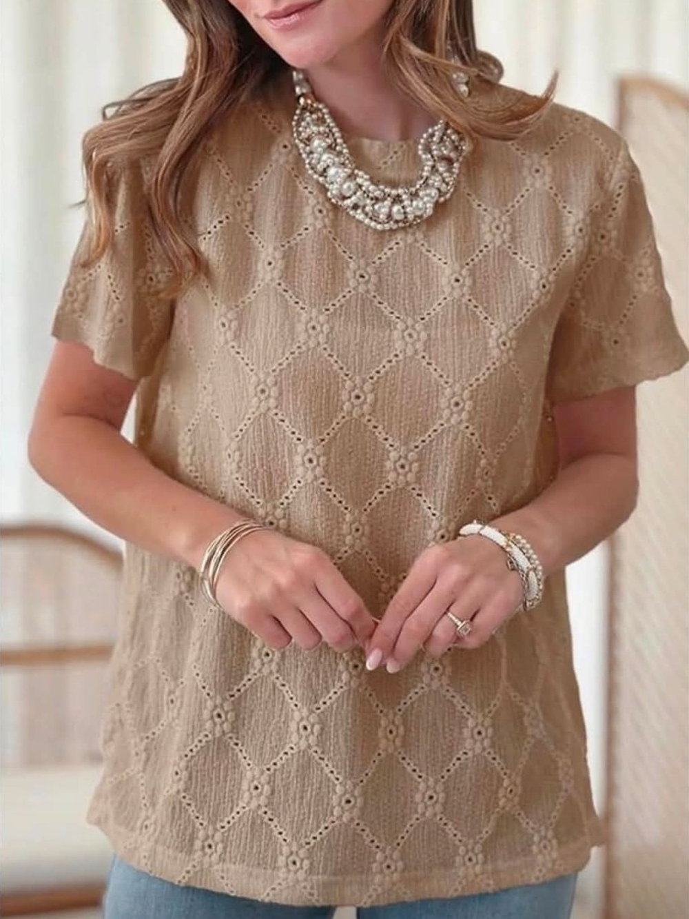 Dokotoo Textured Eyelet Knit Short Sleeve Top Tan Small